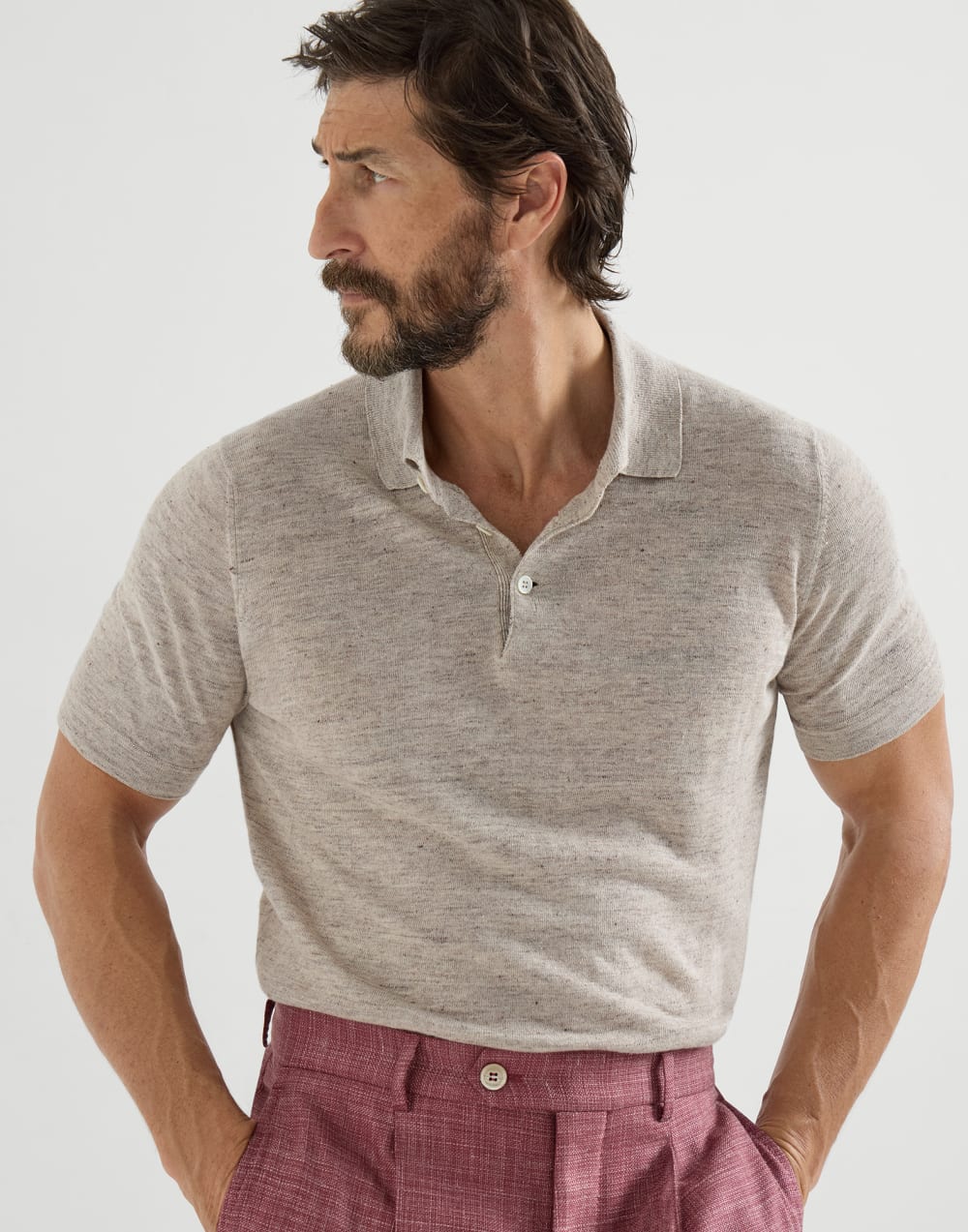 BRUNELLO CUCINELLI - Polo en maille de lin et coton Sable – Image 6