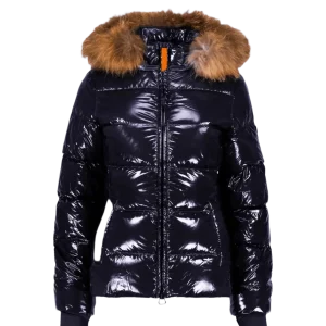 GERTRUDE - Doudoune glossy cintrée avec capuche en fourrure Olga Bright Noir