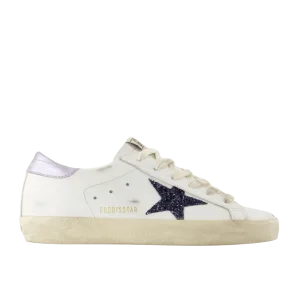 GOLDEN GOOSE -Super-Star pour femme en cuir nappa avec étoie à paillettes noires et contrefort glycine