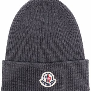 MONCLER - bonnet en maille à patch logo gris