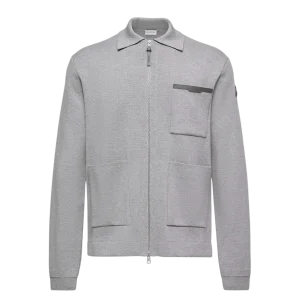 MONCLER - Leather Logo Wool Zip-Up Cardigan Gris