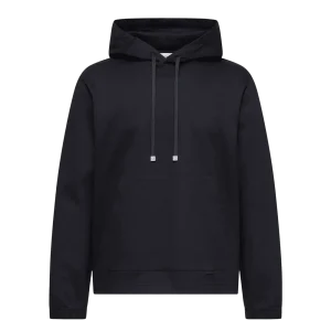 MONCLER - Sweat à Capuche en Coton Mélangé avec Logo en Cuir Bleu marine