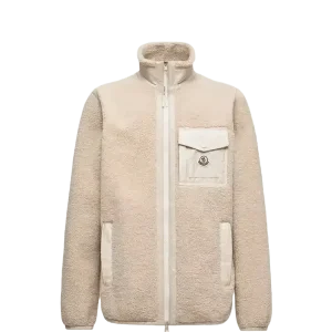 MONCLER - Sweat zippé en teddy avec poche blanc beige