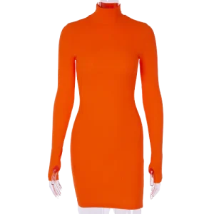 Robe Col Montant Manches Longues Orange