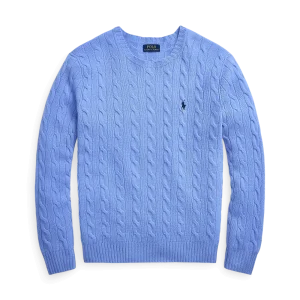 POLO RALPH LAUREN - Pull à torsades en laine et cachemire Bleu Litchfield nouveau