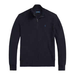 POLO RALPH LAUREN - Pull demi-zippé en coton piqué Bleu marine chiné