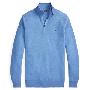 POLO RALPH LAUREN - Pull demi-zippé en coton piqué Bleu royal tendre chiné