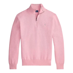 POLO RALPH LAUREN - Pull demi-zippé en coton piqué Rose clair