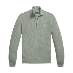 POLO RALPH LAUREN - Pull demi-zippé en coton piqué Vert sauge
