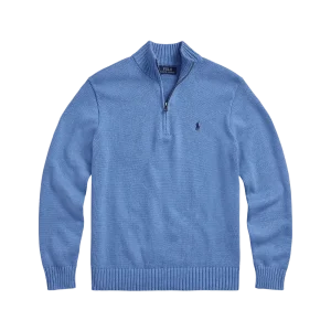 POLO RALPH LAUREN - Pull en coton demi-zippé à col cheminée Bleu Royal Chiné