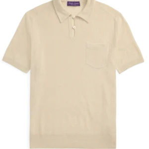 PURPLE LABEL - RALPH LAUREN - Pull texturé col polo soie et lin Beige