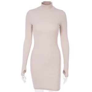 Robe Col Montant Manches Longues Beige