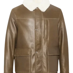 YVES SALOMON - Veste en cuir à col en peau lainée marron