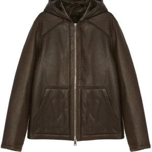 YVES SALOMON - Veste zippée à capuche en peau lainée marron